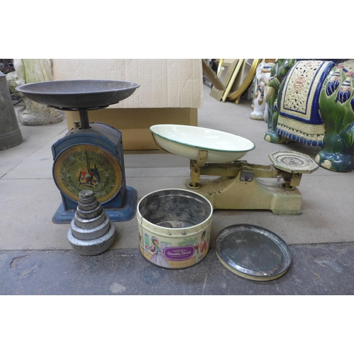 326 - A set of kitchen scales and weights and one other with 'The Concise Household Encyclopedia' advertis... 