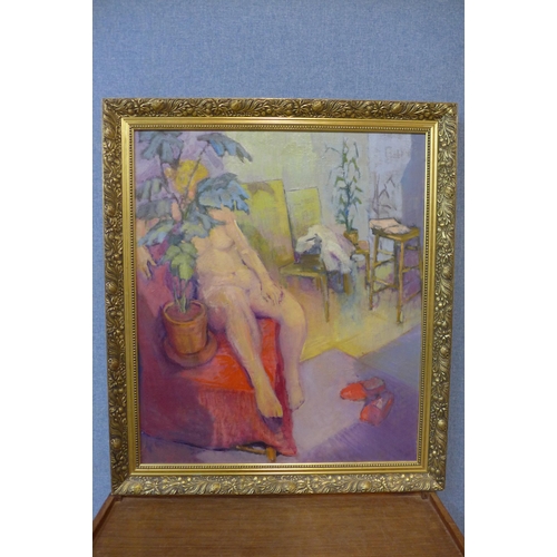 348 - Dennis Harrop, interior scene with seated female nude, oil on board, framed