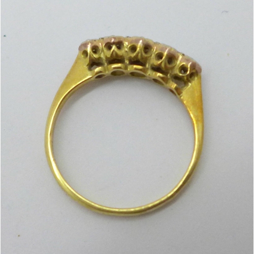 1003 - An 18ct gold, five stone diamond ring, 2.1g, J