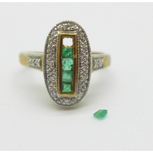 1005 - A 9ct gold, emerald and diamond ring, 3.1g, O, one emerald loose