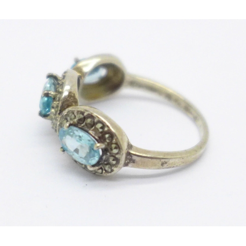 1014 - A blue zircon and marcasite ring, O