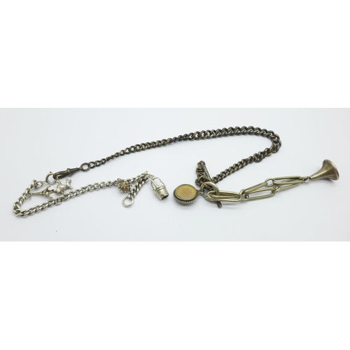 1020 - A silver Albert and a silver charm bracelet, 70g, and one other chain with seal fob