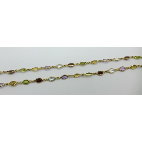 1027 - A 9ct gold and gem set necklace, 15.7g, 58cm