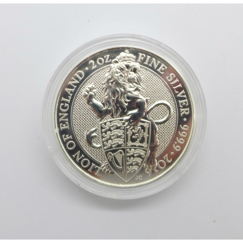 1040 - A 2oz Queens Beasts fine silver Lion of England £2 coin, 999.9 fine silver, 2016