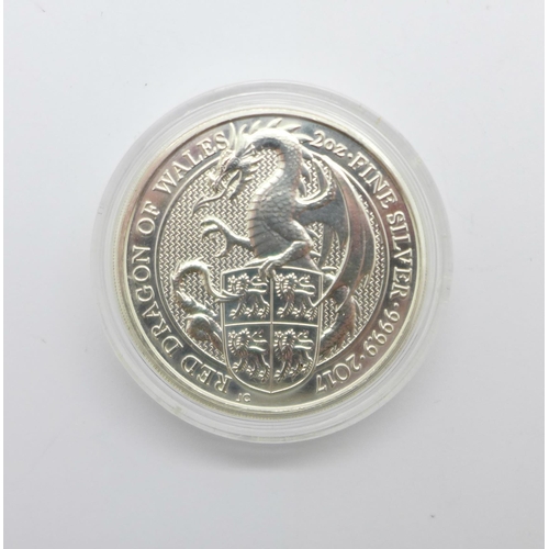 1041 - A 2oz Queens Beasts 999.9 fine silver Red Dragon of Wales £5 coin, 2017