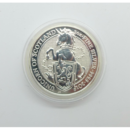 1043 - A 2oz Queens Beasts 999.9 fine silver Unicorn of Scotland £5 coin, 2018