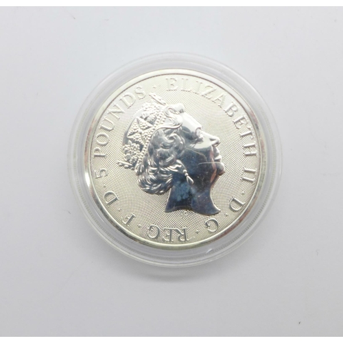 1043 - A 2oz Queens Beasts 999.9 fine silver Unicorn of Scotland £5 coin, 2018