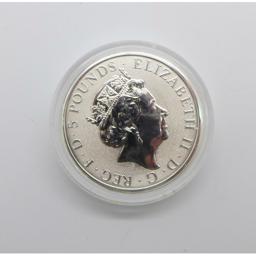 1044 - A 2oz Queens Beasts 999.9 fine silver Falcon of the Plantagenets £5 coin, 2019