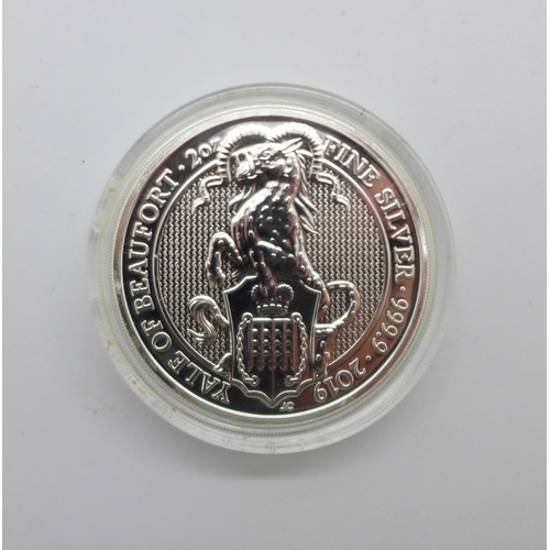 1045 - A 2oz Queens Beasts 999.9 fine silver Yale of Beaufort £5 coin, 2019