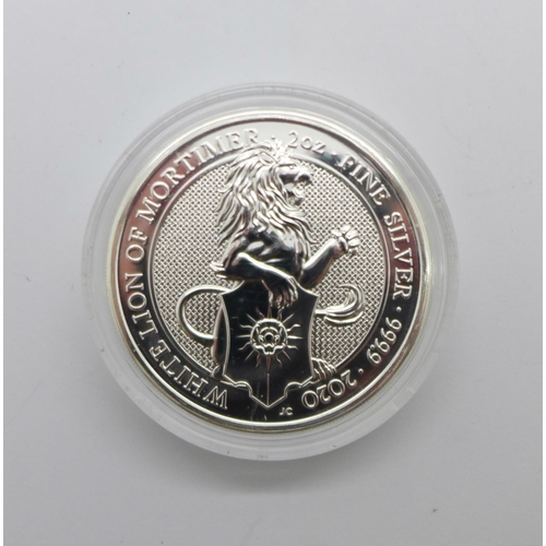 1046 - A 2oz Queens Beasts 999.9 fine silver White Lion of Mortimer £5 coin, 2020