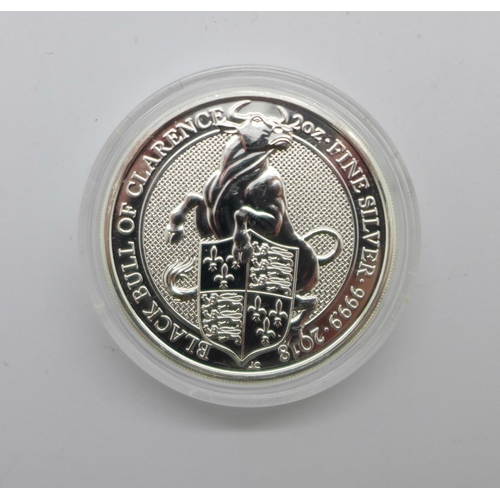 1047 - A 2oz Queens Beasts 999.9 fine silver Black Bull of Clarence £5 coin, 2018