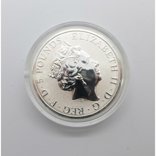 1047 - A 2oz Queens Beasts 999.9 fine silver Black Bull of Clarence £5 coin, 2018