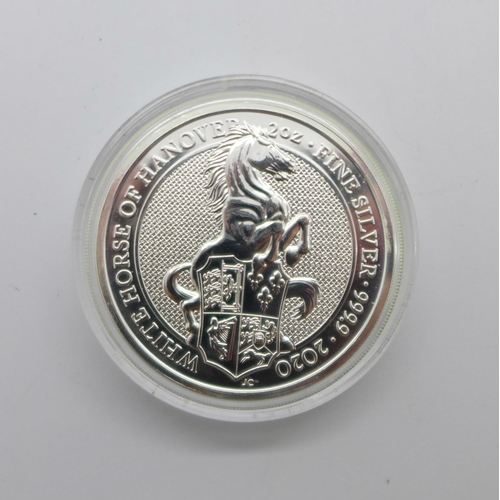 1048 - A 2oz Queens Beasts 999.9 fine silver White Horse of Hanover £5 coin, 2020