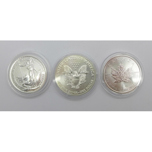 1051 - A Britannia 2020 1oz silver coin, 2020 1oz Liberty coin and a 2020 1oz Canada Maple coin, all 999. s... 