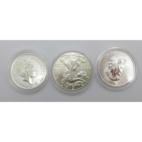 1051 - A Britannia 2020 1oz silver coin, 2020 1oz Liberty coin and a 2020 1oz Canada Maple coin, all 999. s... 