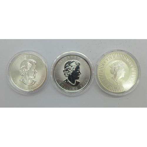 1054 - Two 1oz 999 silver Maple coins and a 1oz 999 silver Australian kangaroo coin, (3)