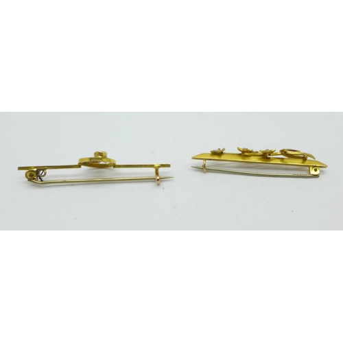 1063 - Two 9ct gold bar brooches set with seed pearls, 3.7g