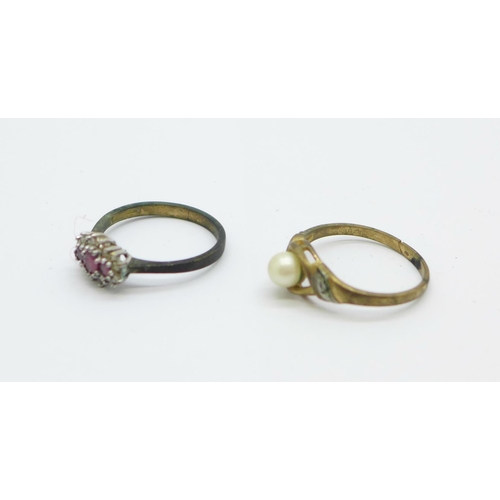 1070 - Two 9ct gold rings, one set with rubies and diamonds, 4g, pearl set ring shank a/f