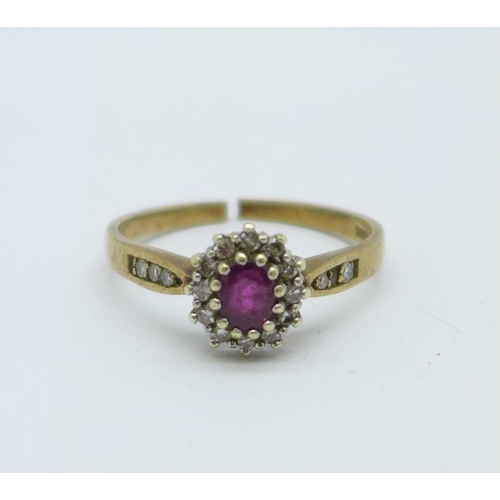 1080 - A 9ct gold, ruby and diamond ring, 2.8g, a/f shank cut