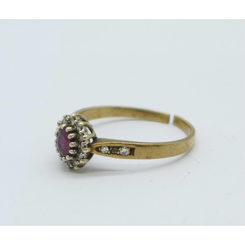 1080 - A 9ct gold, ruby and diamond ring, 2.8g, a/f shank cut