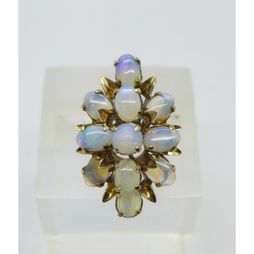 1090 - A 14ct gold and opal cluster ring, 4.2g, L