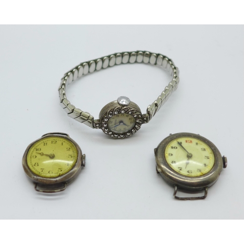 1099 - Three silver wristwatches, (marcasite set not marked but tests as silver)