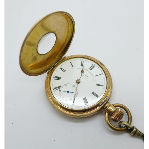 1105 - A gold plated half-hunter pocket watch, Lancashire Watch Company Limited, lacking glass