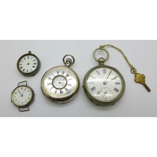 1110 - A silver half-hunter pocket watch, one other pocket watch, a fob watch a/f and a silver wristwatch