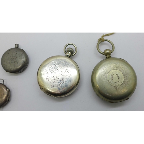 1110 - A silver half-hunter pocket watch, one other pocket watch, a fob watch a/f and a silver wristwatch