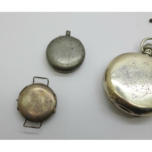 1110 - A silver half-hunter pocket watch, one other pocket watch, a fob watch a/f and a silver wristwatch