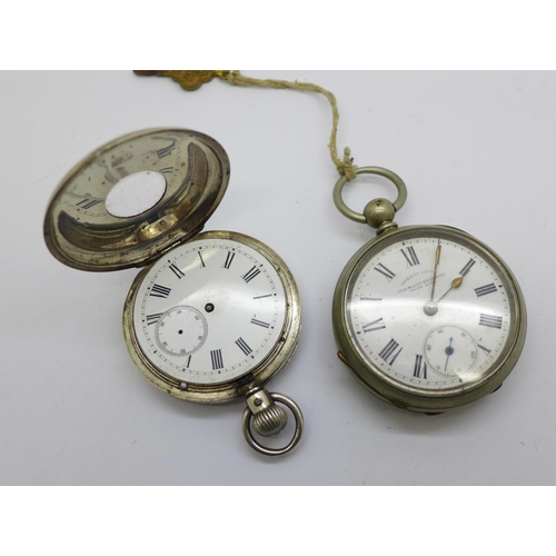 1110 - A silver half-hunter pocket watch, one other pocket watch, a fob watch a/f and a silver wristwatch