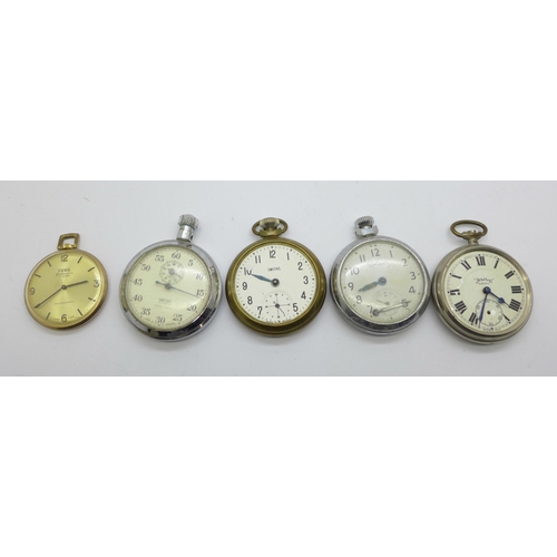 1111 - Four pocket watches and a stop-watch, a/f