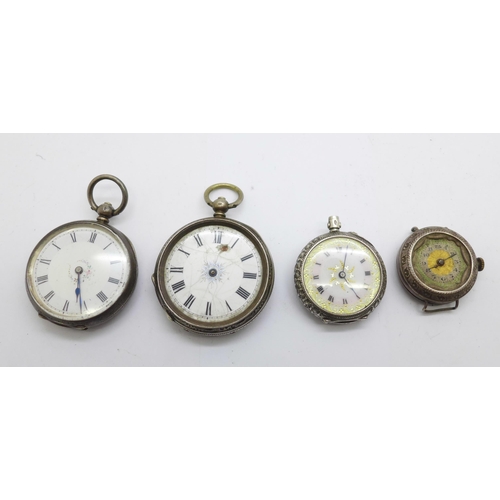 1112 - Three silver fob watches and a silver wristwatch head, a/f