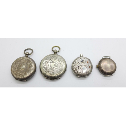 1112 - Three silver fob watches and a silver wristwatch head, a/f