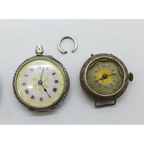 1112 - Three silver fob watches and a silver wristwatch head, a/f