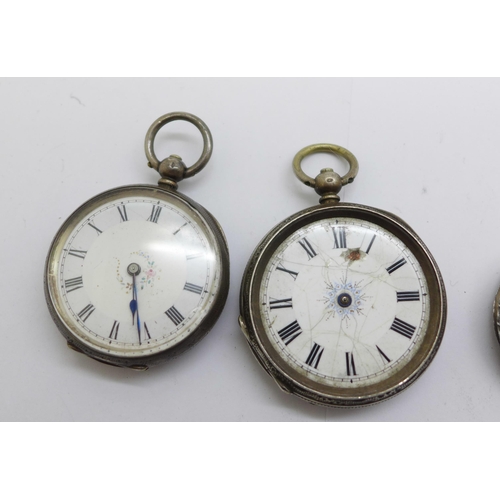 1112 - Three silver fob watches and a silver wristwatch head, a/f