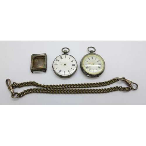 1114 - A silver fob watch, one other fob watch, a/f, and a silver wristwatch case