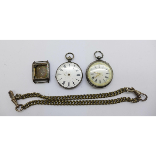 1114 - A silver fob watch, one other fob watch, a/f, and a silver wristwatch case