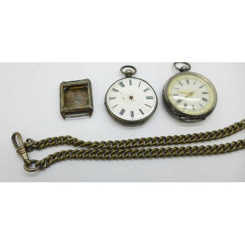 1114 - A silver fob watch, one other fob watch, a/f, and a silver wristwatch case