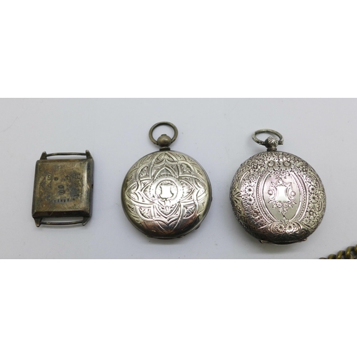 1114 - A silver fob watch, one other fob watch, a/f, and a silver wristwatch case