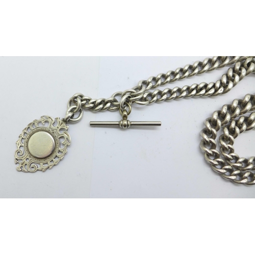 1124 - A silver double Albert chain and fob, each graduated link marked, 105g, 48cm