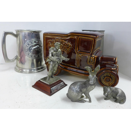 1144 - A novelty Thorntons van money, three metal figures and two tankards **PLEASE NOTE THIS LOT IS NOT EL... 