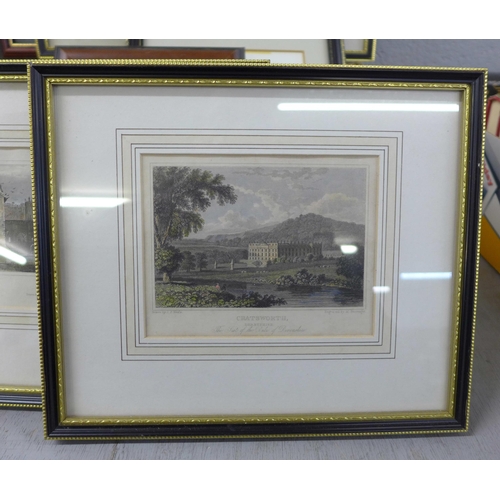 1175 - Two framed etchings, City of Lincoln and Chatsworth, a Long John Whisky advertising and other pictur... 