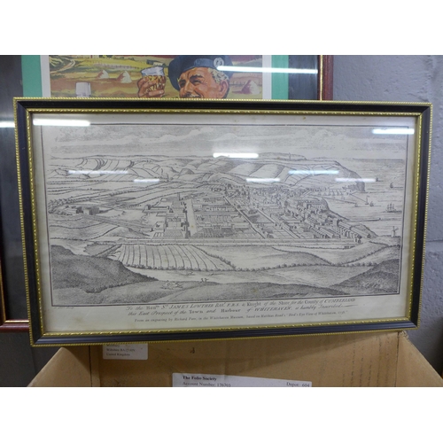 1175 - Two framed etchings, City of Lincoln and Chatsworth, a Long John Whisky advertising and other pictur... 