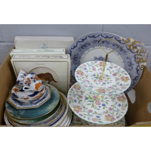 1177 - Decorative china including a Minton Haddon Hall three tier cake stand and two Goebel Collector's pla... 