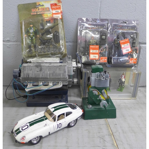 1178 - A Burago E-Type Jaguar, a set of Britains models, two model engines and toy soldiers **PLEASE NOTE T... 