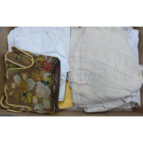 1200 - A box of Victorian and later table linen, children's clothing, a woolwork table or mantelpiece runne... 