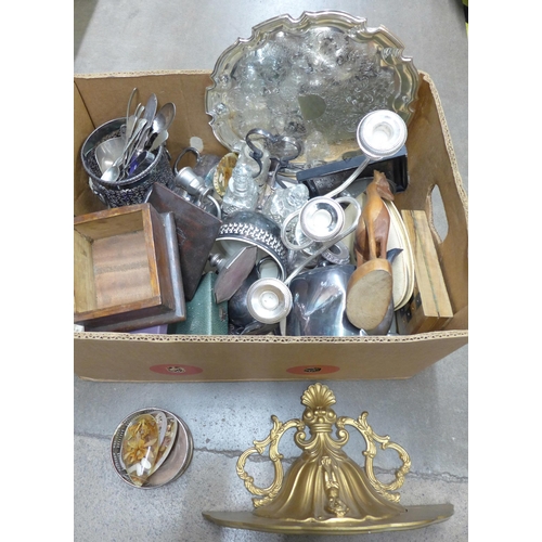 1204 - A box of plated ware, treen, pewter, etc. **PLEASE NOTE THIS LOT IS NOT ELIGIBLE FOR POSTING AND PAC... 