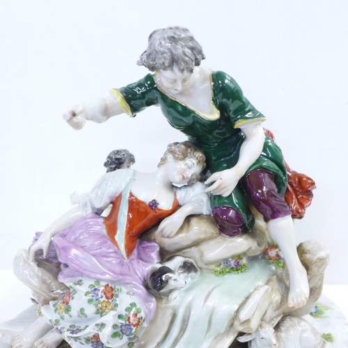 620 - A Dresden porcelain figure group, sleeping girl, young man, dog, sheep and birds, c1890, (some a/f, ... 