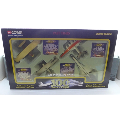 625 - A Corgi Past Times limited edition 100 Years of Flight set, two Atlas Editions model ships, HMS Hood... 